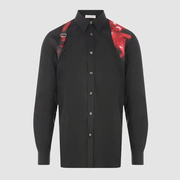 Áo Sơ Mi Nam Alexander McQueen Black Cotton Poplin Harness Wax Flower-print 795126 QNAAD 1000 Màu Đen Size 15