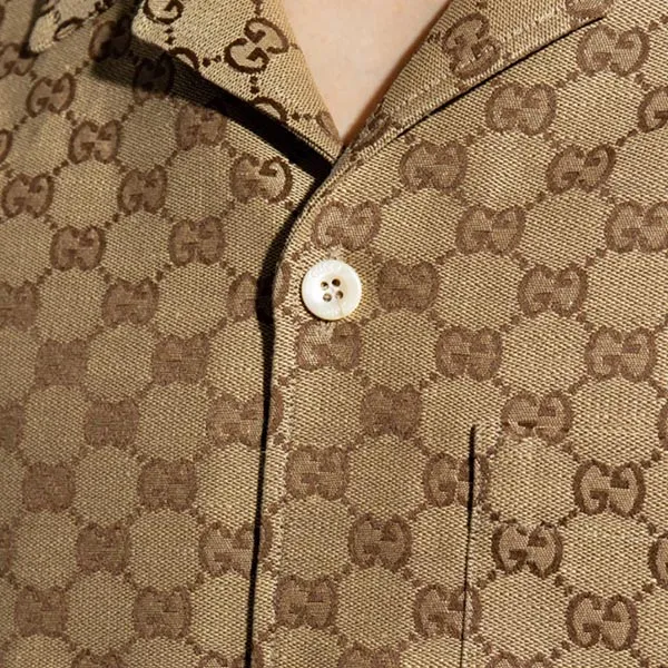 Áo Sơ Mi Nam Gucci Jacquard Vacation Linen Blend Canvas In Camel And Ebony 742707 ZAM7G 2580 Màu Nâu Size 44