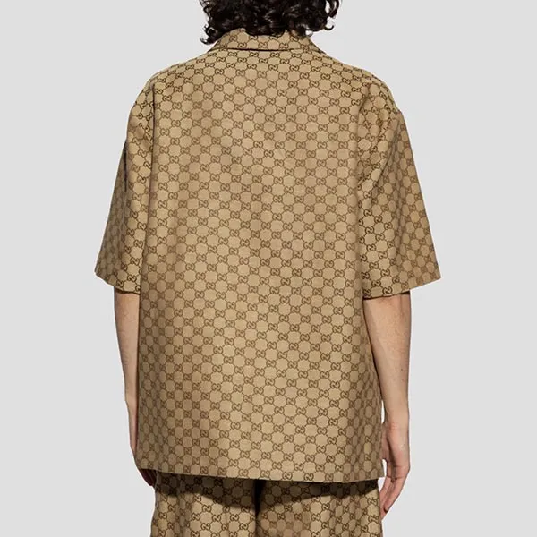 Áo Sơ Mi Nam Gucci Jacquard Vacation Linen Blend Canvas In Camel And Ebony 742707 ZAM7G 2580 Màu Nâu Size 44