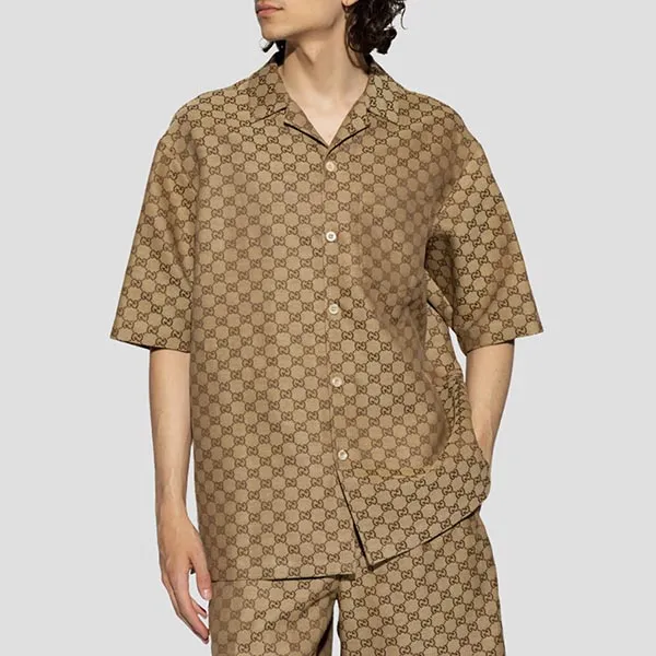 Áo Sơ Mi Nam Gucci Jacquard Vacation Linen Blend Canvas In Camel And Ebony 742707 ZAM7G 2580 Màu Nâu Size 44
