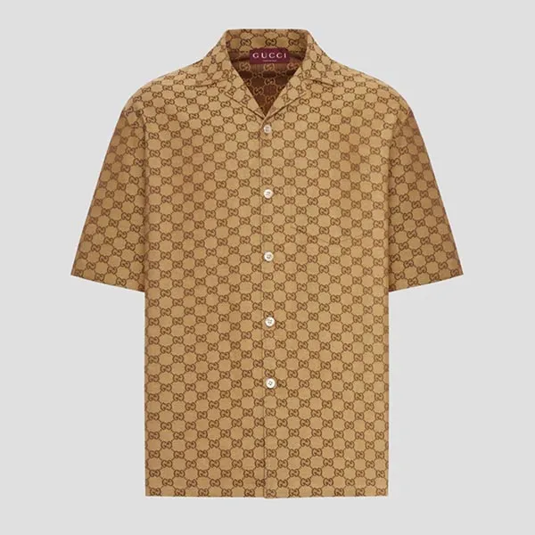 Áo Sơ Mi Nam Gucci Jacquard Vacation Linen Blend Canvas In Camel And Ebony 742707 ZAM7G 2580 Màu Nâu Size 44