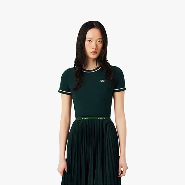 Áo Thun Nữ Lacoste Contrast Trim Jersey T-Shirt TF5289_AIG Màu Xanh Green Size 34