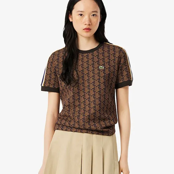 Áo Thun Nữ Lacoste Jacquard Monogram TF3244_9I4 Màu Nâu Size 34