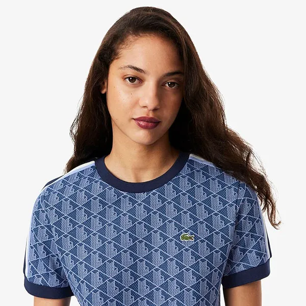 Áo Thun Nữ Lacoste Jacquard Monogram TF3244_AIT Màu Xanh Navy Size 34