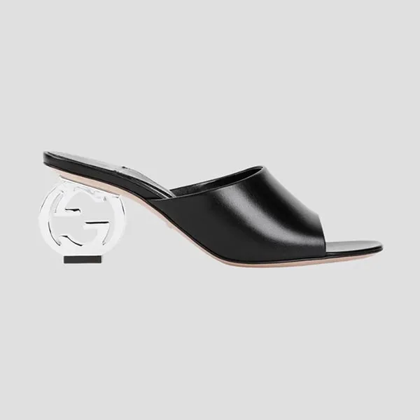Dép Cao Gót Nữ Gucci Bella Black Leather Sandals Silver-tone Interlocking 772569 C9D00 1000 Màu Đen Size 36.5