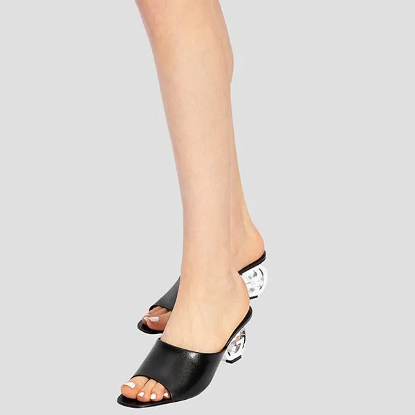 Dép Cao Gót Nữ Gucci Bella Black Leather Sandals Silver-tone Interlocking 772569 C9D00 1000 Màu Đen Size 36.5
