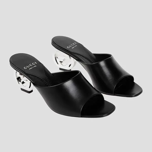 Dép Cao Gót Nữ Gucci Bella Black Leather Sandals Silver-tone Interlocking 772569 C9D00 1000 Màu Đen Size 36.5