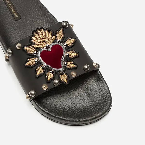 Dép Dolce & Gabbana Slippers In Rubber And Calfskin With Heart Patches Màu Đen Size 40