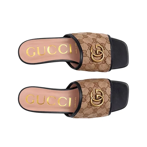 Dép Nữ Gucci GG Matelassé Canvas Slip Sandals Màu Nâu Be Size 35