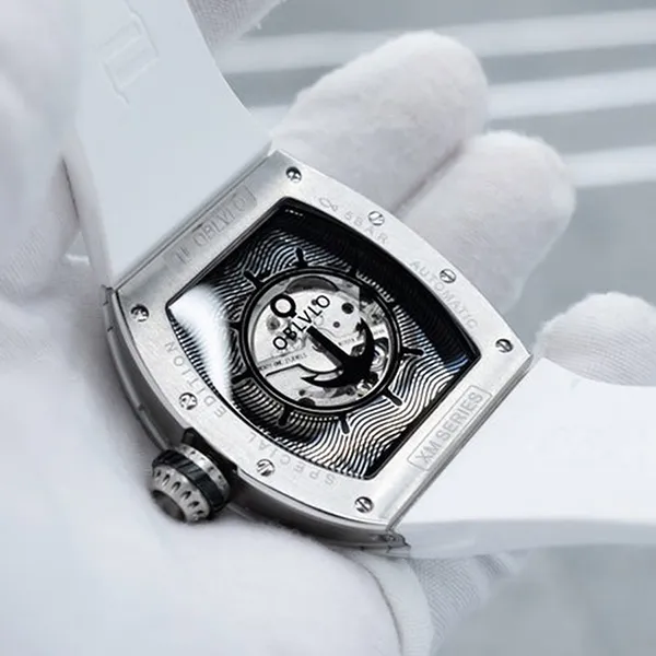 Đồng Hồ Nam Oblvlo Automatic Mechanical Skeleton Cool White Carbon Fiber Case XM-RACING-C-CWWR Màu Trắng Xám
