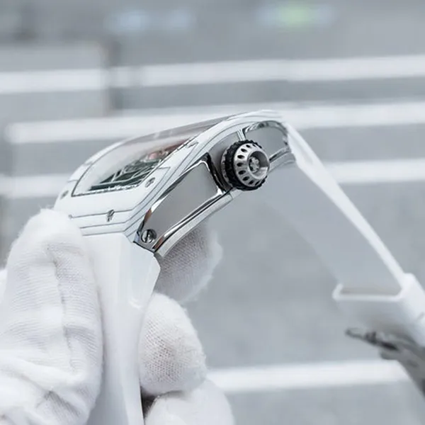 Đồng Hồ Nam Oblvlo Automatic Mechanical Skeleton Cool White Carbon Fiber Case XM-RACING-C-CWWR Màu Trắng Xám