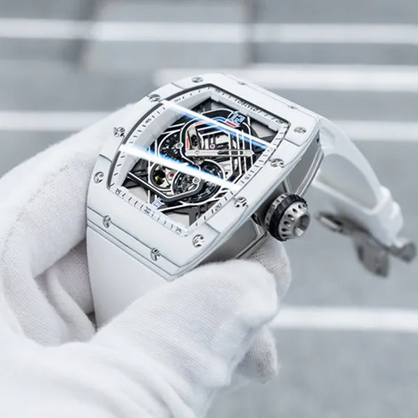 Đồng Hồ Nam Oblvlo Automatic Mechanical Skeleton Cool White Carbon Fiber Case XM-RACING-C-CWWR Màu Trắng Xám