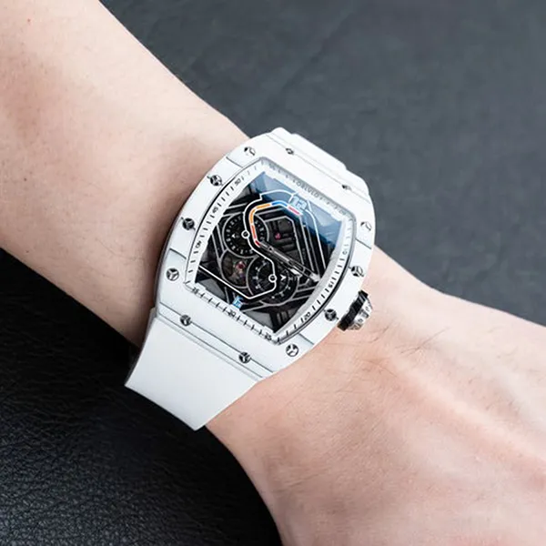Đồng Hồ Nam Oblvlo Automatic Mechanical Skeleton Cool White Carbon Fiber Case XM-RACING-C-CWWR Màu Trắng Xám