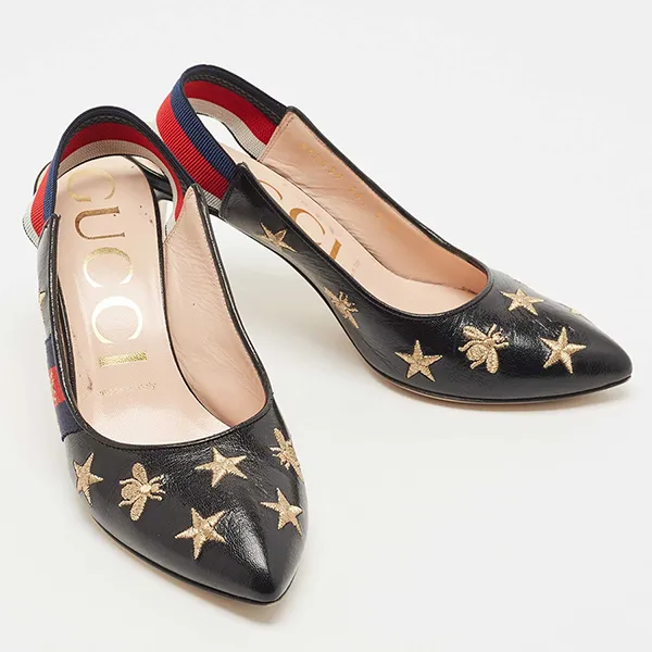 Giày Cao Gót Nữ Gucci Black Bee Star Embroidered Leather Web Sylvie Slingback Pumps Phối Màu Size 38