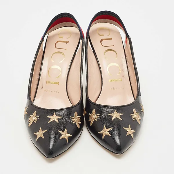 Giày Cao Gót Nữ Gucci Black Bee Star Embroidered Leather Web Sylvie Slingback Pumps Phối Màu Size 38