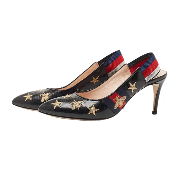 Giày Cao Gót Nữ Gucci Black Bee Star Embroidered Leather Web Sylvie Slingback Pumps Phối Màu Size 38