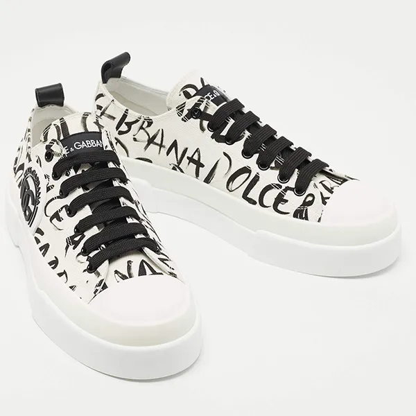 Giày Thể Thao Nam Dolce & Gabbana D&G White/Black Canvas Portofino Sneakers Màu Trắng Đen Size 39.5