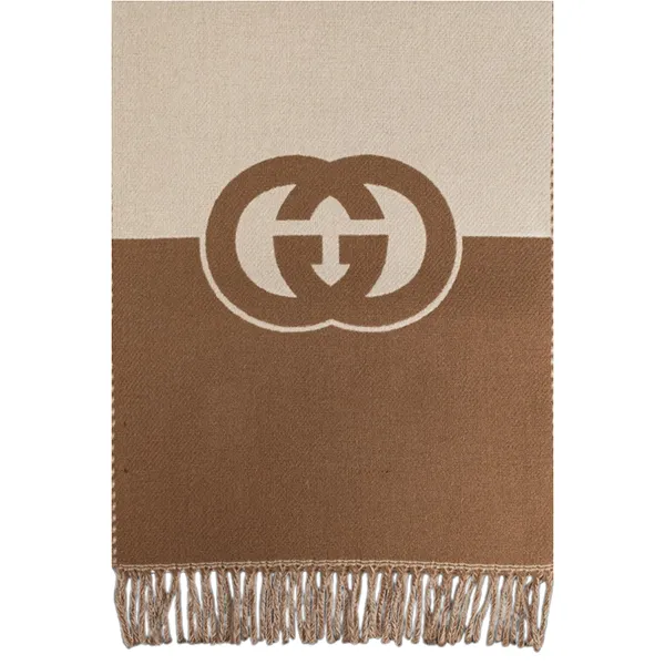 Khăn Choàng Gucci Wool Scarf With Logo Silk Carré Beige Ebony Màu Nâu Be