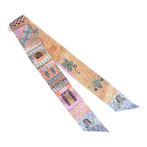 Khăn Lụa Nữ Hermès Super Silk Quest Orange Multi Silk Twilly Pair Màu Cam