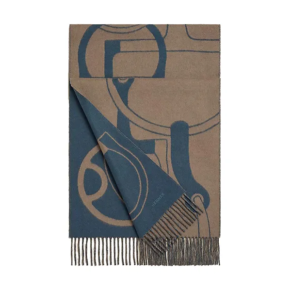 Khăn Quàng Cổ Unisex Hermès Metal Equestre Scarf Bleu Ardoise / Étoupe Màu Be Xanh