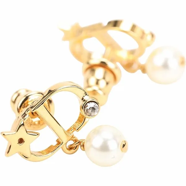 Khuyên Tai Nữ Dior Petit CD Alphabet Lucky Star Rhinestone Pearl Pendant Earrings Màu Vàng Gold