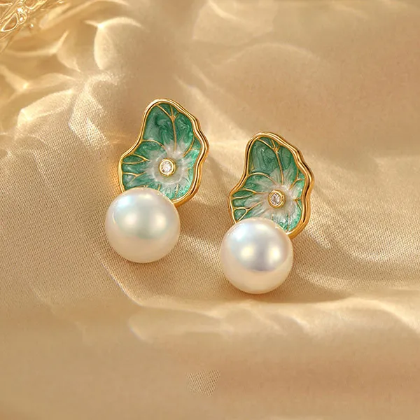 Khuyên Tai Nữ Jessica Pearl Lotus Leaf JE66 Màu Xanh Vàng