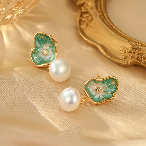 Khuyên Tai Nữ Jessica Pearl Lotus Leaf JE66 Màu Xanh Vàng