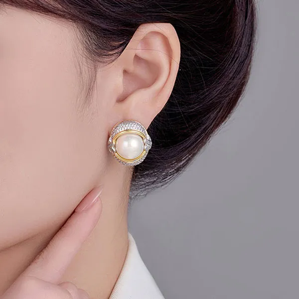 Khuyên Tai Nữ Jessica Pearl Oval Elegance Màu Trắng Vàng