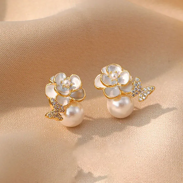 Khuyên Tai Nữ Jessica Pearl Tiny Camellia JE62 Màu Trắng Vàng