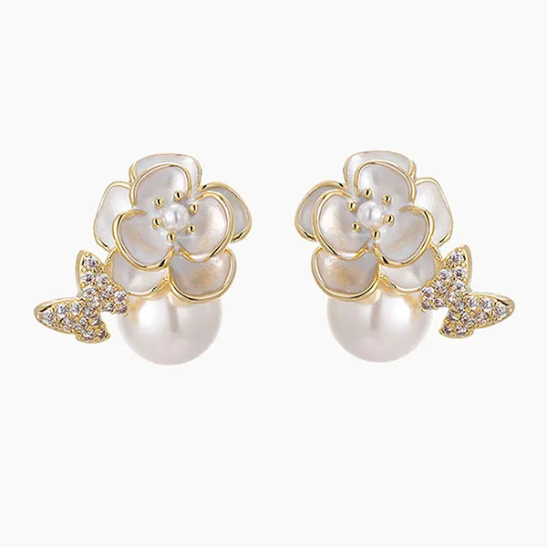 Khuyên Tai Nữ Jessica Pearl Tiny Camellia JE62 Màu Trắng Vàng