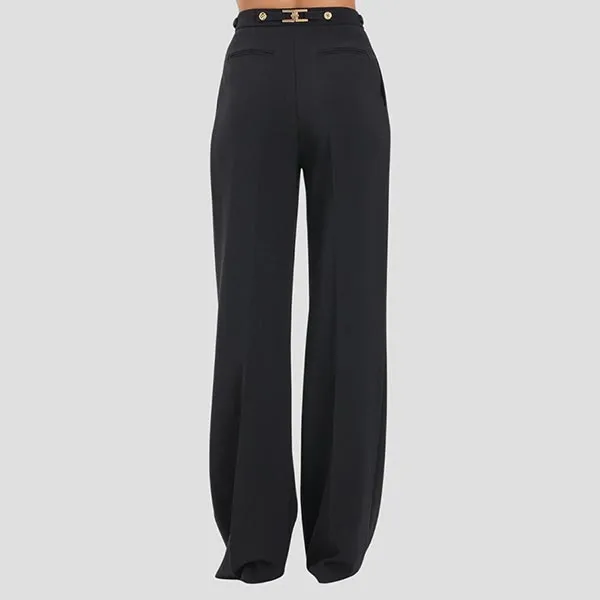 Quần Dài Nữ Elisabetta Franchi Straight Pants Gold-tone Metal Buttons And Details With Logo PA09956E2 110 Màu Đen Size 40
