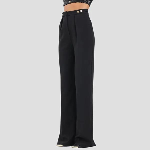 Quần Dài Nữ Elisabetta Franchi Straight Pants Gold-tone Metal Buttons And Details With Logo PA09956E2 110 Màu Đen Size 40