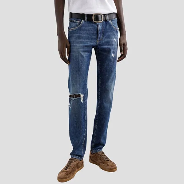 Quần Jean Nam Dolce & Gabbana D&G Blue Denim Ripped Pants Dáng Slim GY07CZ G8MX3 S9001 Màu Xanh Size 44