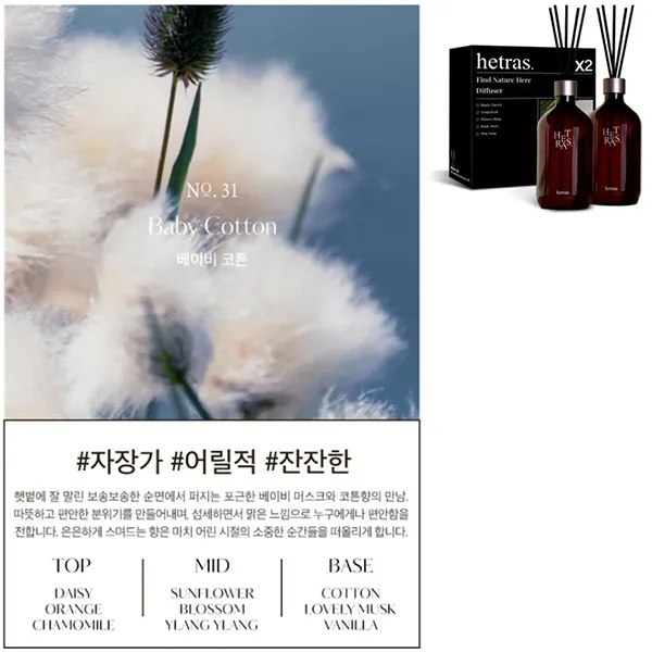 Set 2 Chai Tinh Dầu Nước Hoa Khuếch Tán Hương Thơm Hetras Baby Cotton (500ml x 2)