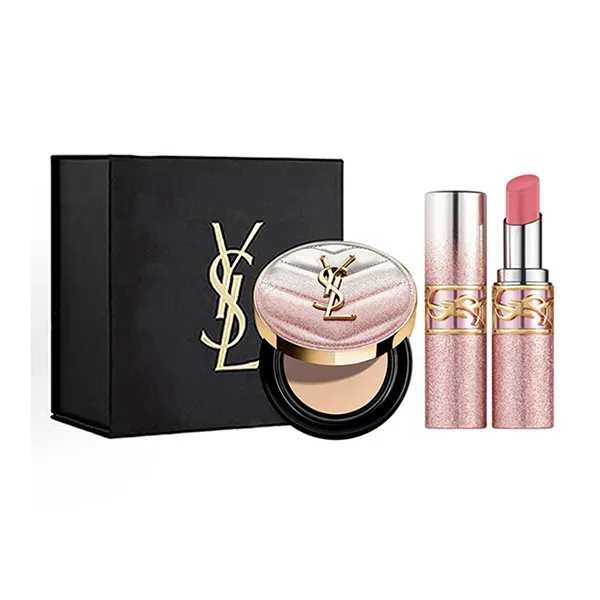 Set Phấn Nước Cushion Yves Saint Laurent YSL Limited Tone B10 + Son Dưỡng Loveshine Candy Glow 44b Limited Màu Hồng Đất