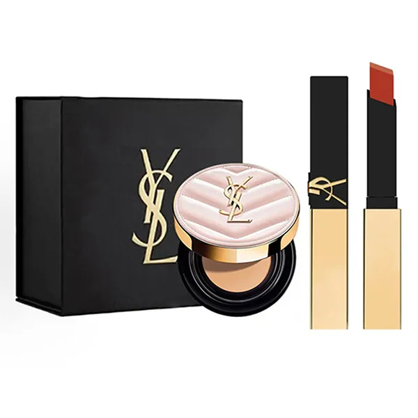Set Phấn Nước Cushion Yves Saint Laurent YSL Tone B10 + Son The Slim 32 Rose Marrakech Màu Đỏ Hồng Đất