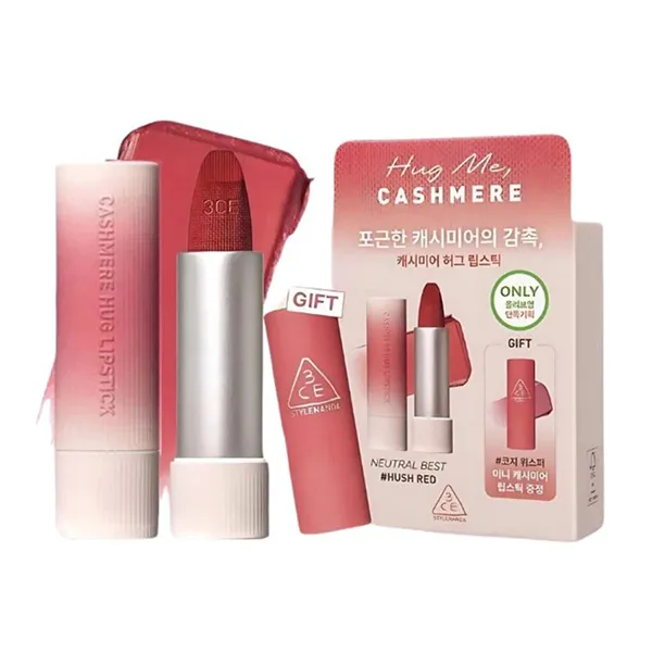 Set Son Lì 3CE Cashmere Hug Lipstick (07 Knit Đỏ Nâu Fullsize + Mini 05 Cozy Whisper Hồng Rose)