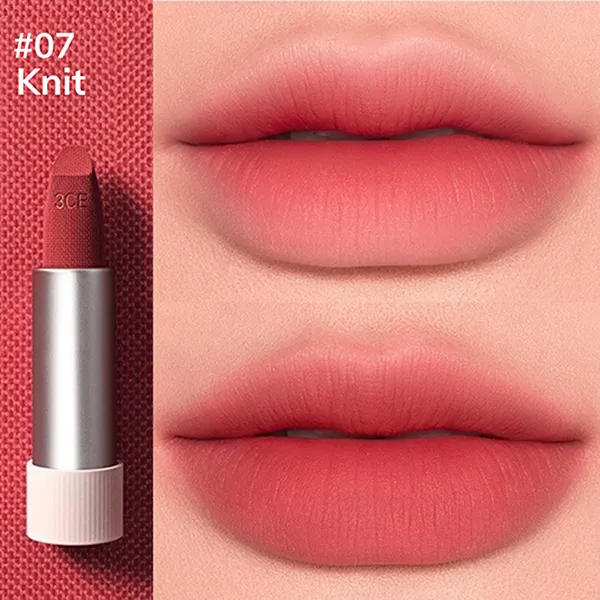 Set Son Lì 3CE Cashmere Hug Lipstick (07 Knit Đỏ Nâu Fullsize + Mini 05 Cozy Whisper Hồng Rose)