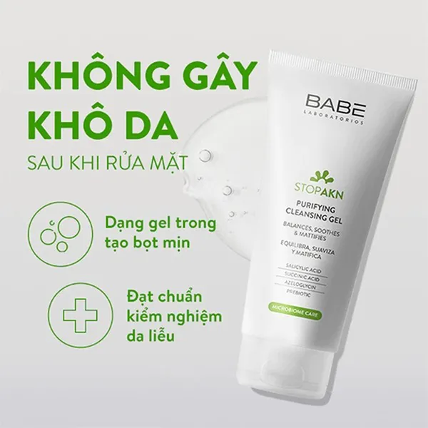 Sữa Rửa Mặt Da Dầu Mụn Babe Laboratorios Stop Akn Purifying Cleansing Gel 200ml