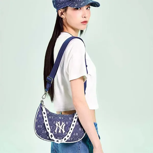 Túi Đeo Vai MLB Diamond Monogram Jacquard Denim Hobo New York Yankees Shoulder Bag 3ABQS023N-50NYD Màu Xanh Đậm