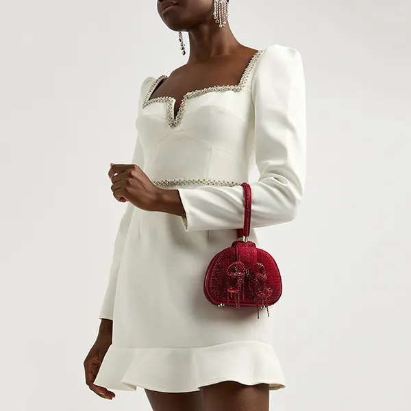 Túi Xách Tay Nữ Self-Portrait Micro Bow Crystal-Embellished Satin Top Handle Bag Màu Đỏ