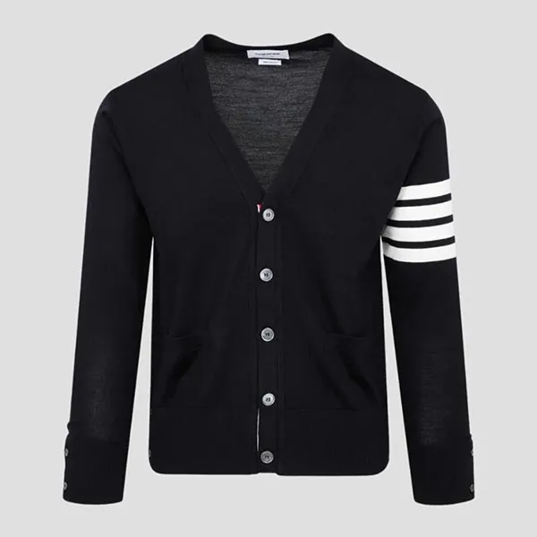 Áo Cardigan Nam Thom Browne Navy Merino Wool 4-bar Classic V-neck MKC002A Y1014 415 Màu Xanh Navy Size 3
