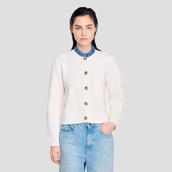 Áo Khoác Nữ Sandro Cream High Neck Knit Cardigan With Detachable Collar SFPCA01111 Màu Trắng Size 2