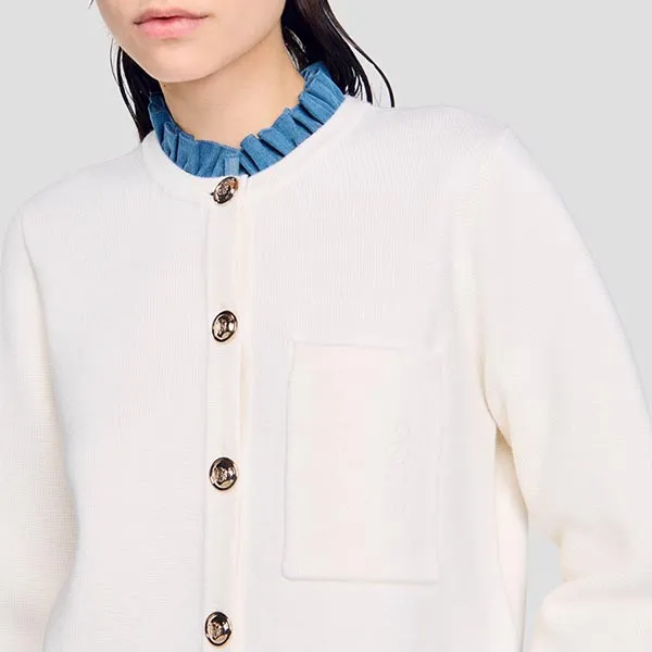 Áo Khoác Nữ Sandro Cream High Neck Knit Cardigan With Detachable Collar SFPCA01111 Màu Trắng Size 2