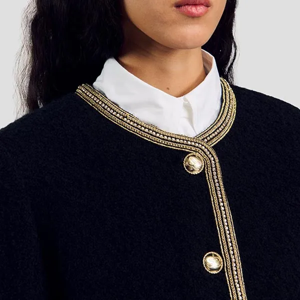 Áo Khoác Nữ Sandro Cropped Tweed Jacket Black/Gray SFPVE01071 Màu Đen Size 36