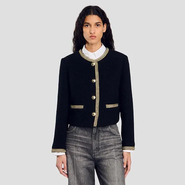 Áo Khoác Nữ Sandro Cropped Tweed Jacket Black/Gray SFPVE01071 Màu Đen Size 36