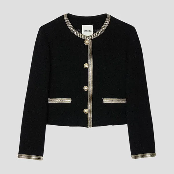 Áo Khoác Nữ Sandro Cropped Tweed Jacket Black/Gray SFPVE01071 Màu Đen Size 36