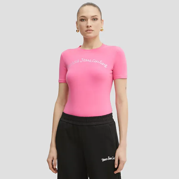 Áo Phông Nữ Versace Jeans Couture Pink With Logo Embroidered 78HAHC08 78DP608 Tshirt Màu Hồng Size S