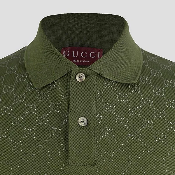 Áo Polo Nam Gucci Cotton Piquet With Crystals In Dark Green 815514 XJHEB 3266 Màu Xanh Size M