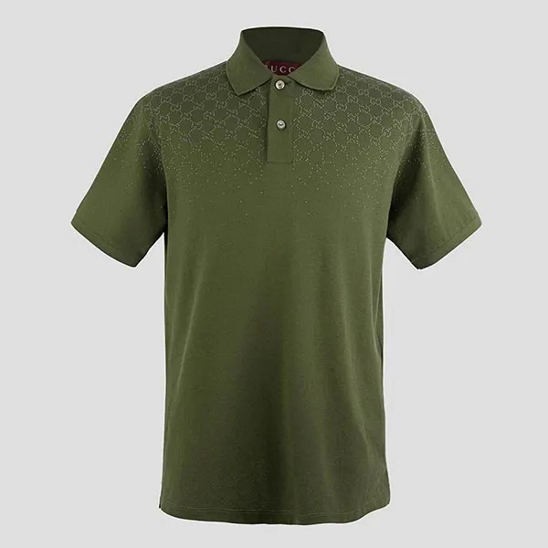 Áo Polo Nam Gucci Cotton Piquet With Crystals In Dark Green 815514 XJHEB 3266 Màu Xanh Size M